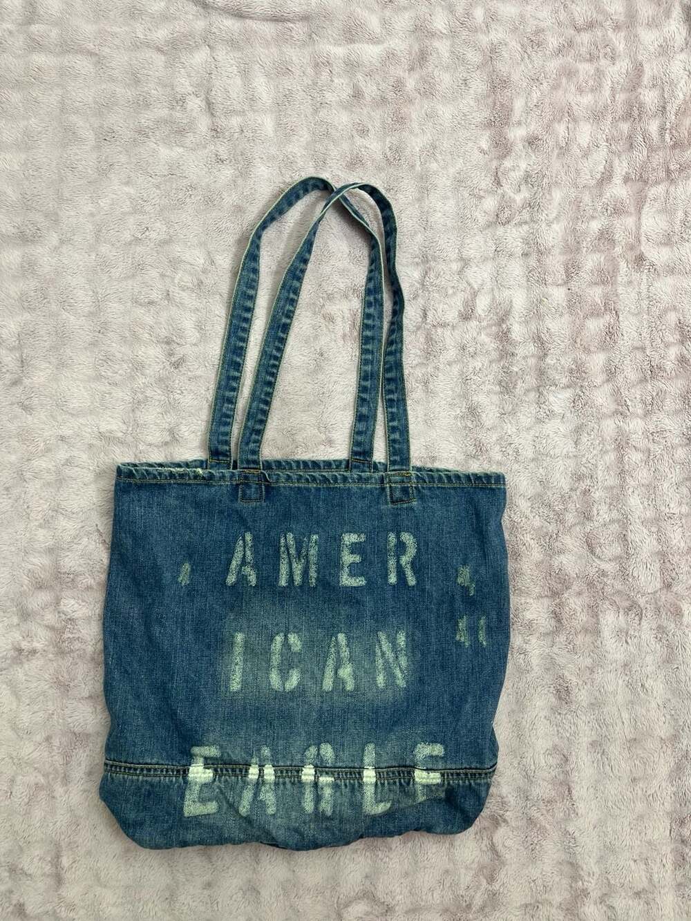 American Eagle Outfitters Distressed Denim Tote Bag with Spell-Out Logo